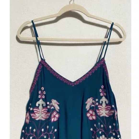 Entro Slip Dress Womens Teal Blue Boho Embroidered V Neck Flowy Boho Sz Med - Picture 3 of 13